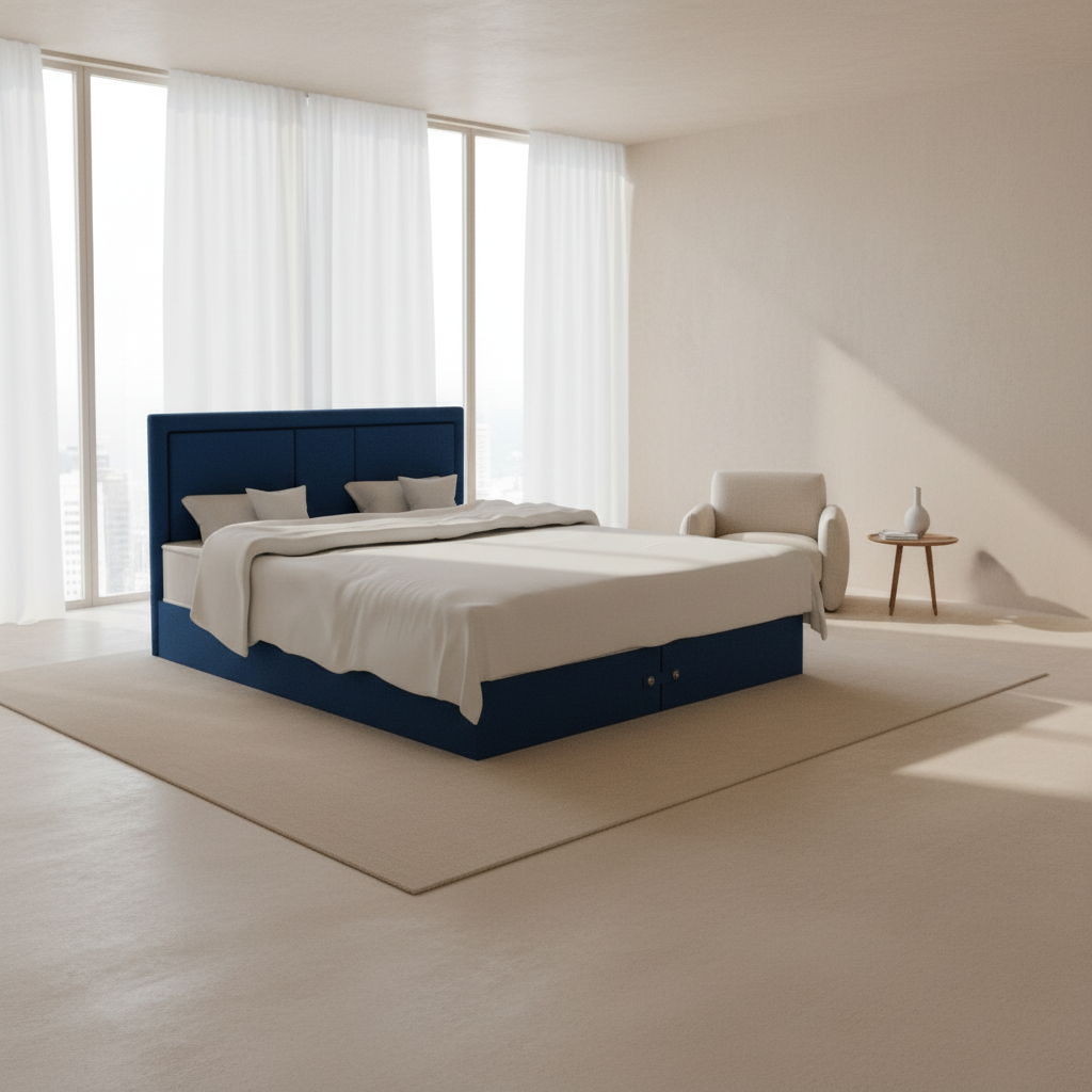Blue bed frame with white bedding on a white background