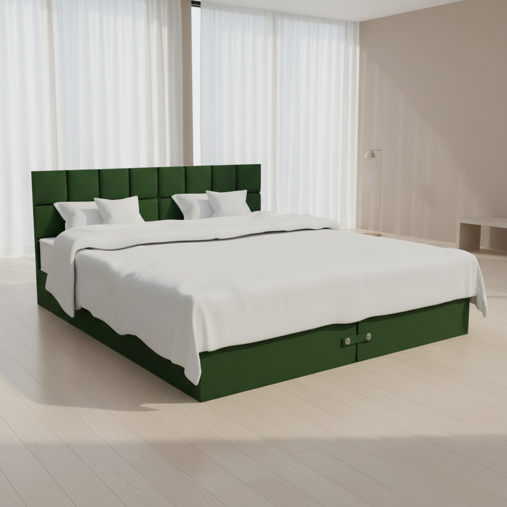 Green bed frame with white bedding on a white background