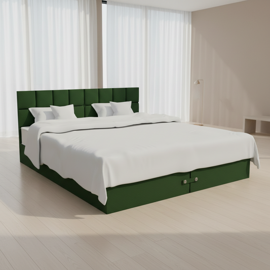 Green bed frame with white bedding on a white background