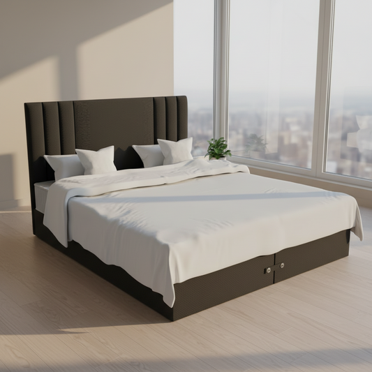 Bed with dark brown headboard and white bedding on a white background