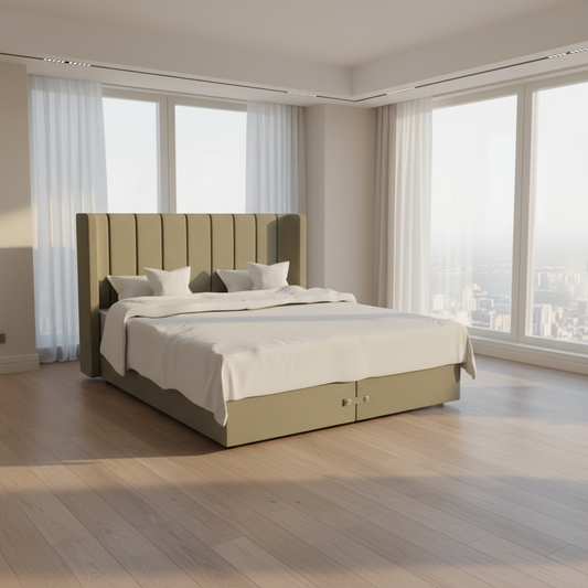 Bed with beige upholstered headboard and storage drawers on a white background